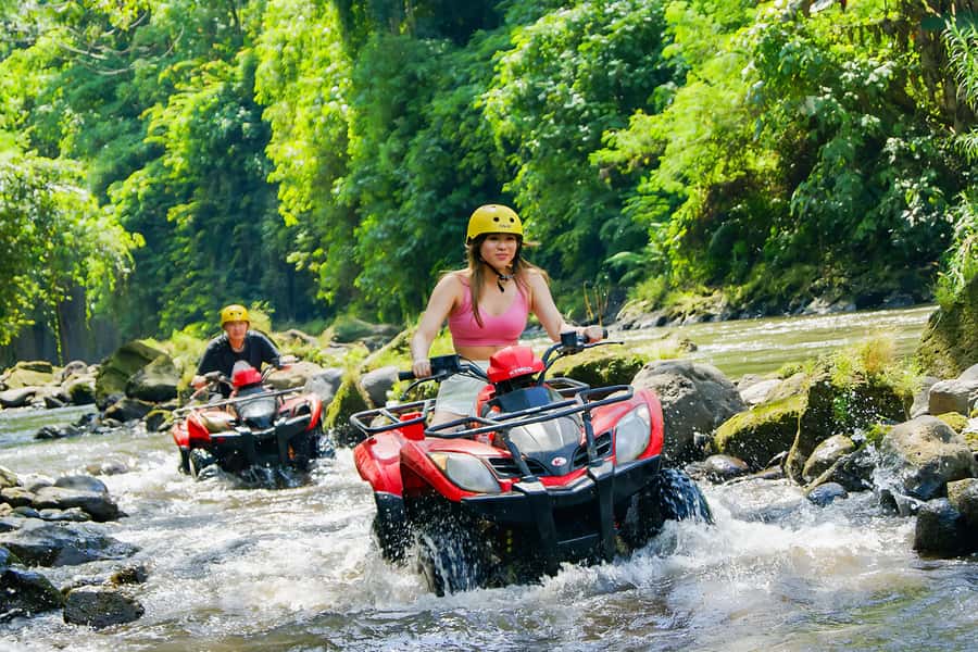 Bali-Ubud fun ATV Quad Bike Adventure & River Rafting - Rice fields, carvings, caves, and a waterfall
